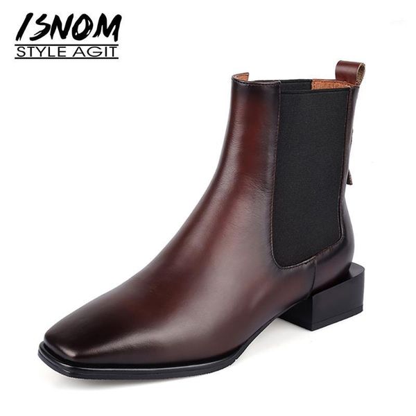 

boots isnom women's genuine leather chunky heels ankle square toe slip on elsea ladies elastic flat shoes 20211, Black