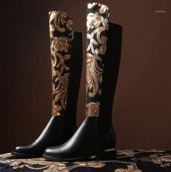

boots fashion women bling golden sequins flower black leather over knee thin heel real chunky heels knight shoes1