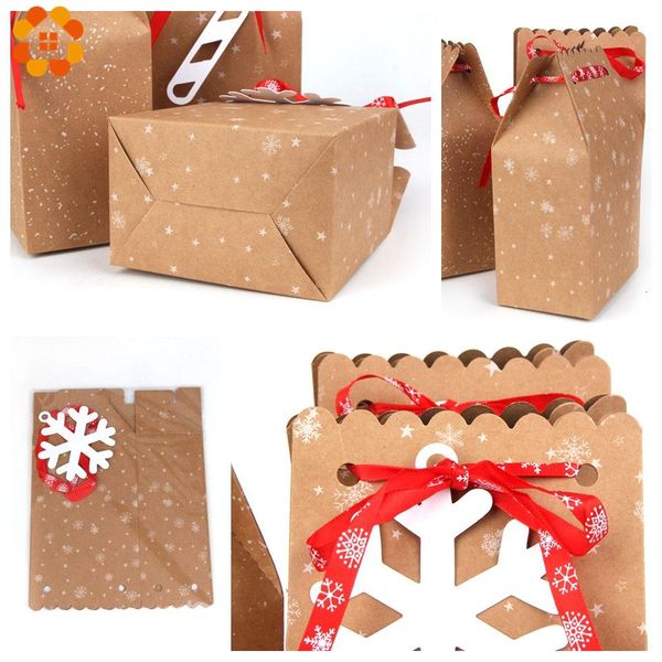 

3pcs christmas kraft printed candy gift bags with tag ribbon cookie bags merry christmas guests packaging boxes party decoration wmtvzj