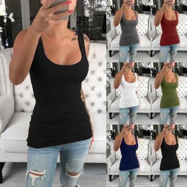 

women ladies summer casual solid elastic cotton u neck tank sleeveless slim vest s 5xl drop shipping, White