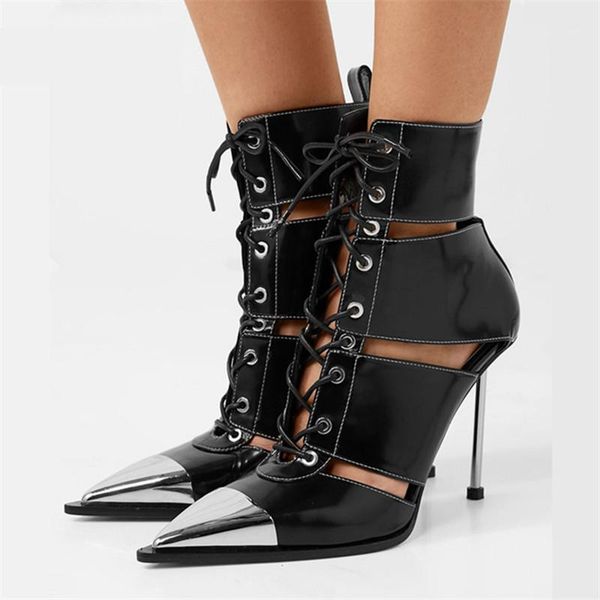 

boots pointed toe women ankle hollow out lace up gladiator summer boot black pumps high heel botas mujer1