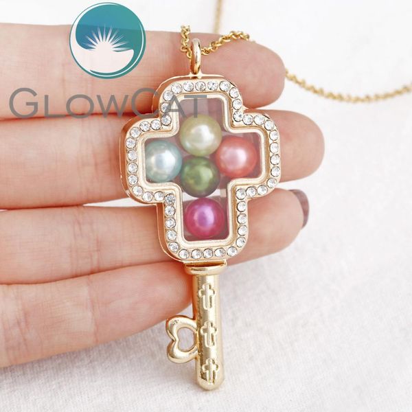 

g1445 gold cross key может открыть магнитно-живущую память стеклянного медальона жемчуга клетки плавающего подвеска ожерелье jllolf, Silver