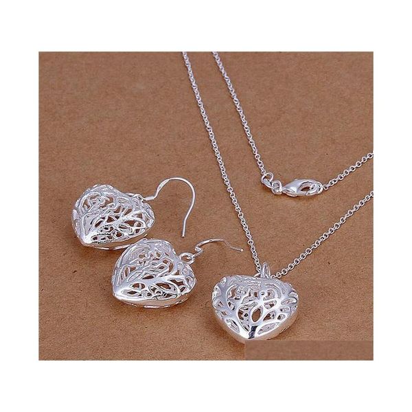 

925 sterling silver hollow heart pendant necklace & earrings fashion jewelry set beautiful wedding gift shipping wholesal 6lerg