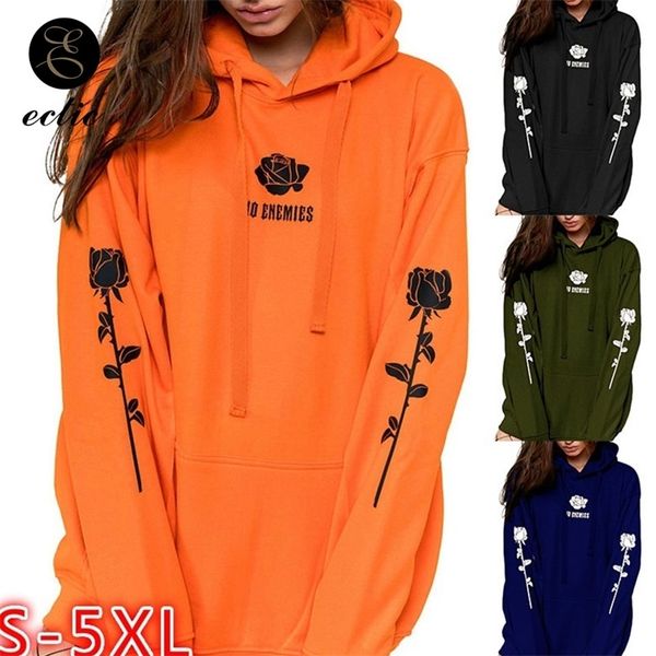 

rose hoodie plus size hoodies women 5xl poleron mujer orange sweatshirt gothic lettering no enemies kangaroo pocket hoodie y200610, Black