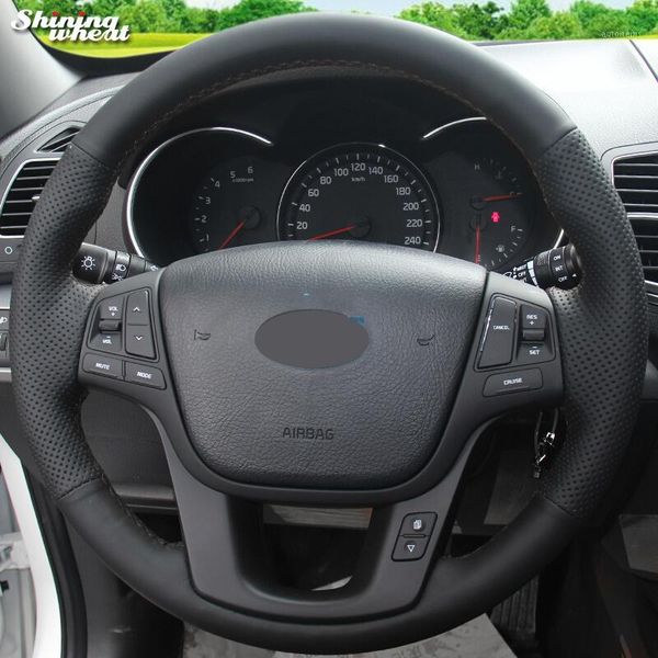 

shining wheat black genuine leather steering wheel cover for kia sorento 2009-20141
