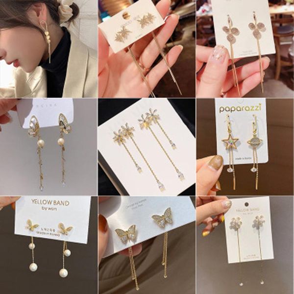 

2020 new earrings wholesale 925 silver needle diamond butterfly flower earrings korean temperament long tassel earrings, Golden;silver