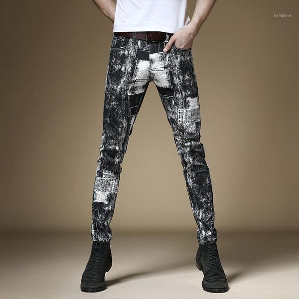 

men jeans fashion black tie dye ink jet printed pants streetwear straight cotton stretch denim trousers1, Blue