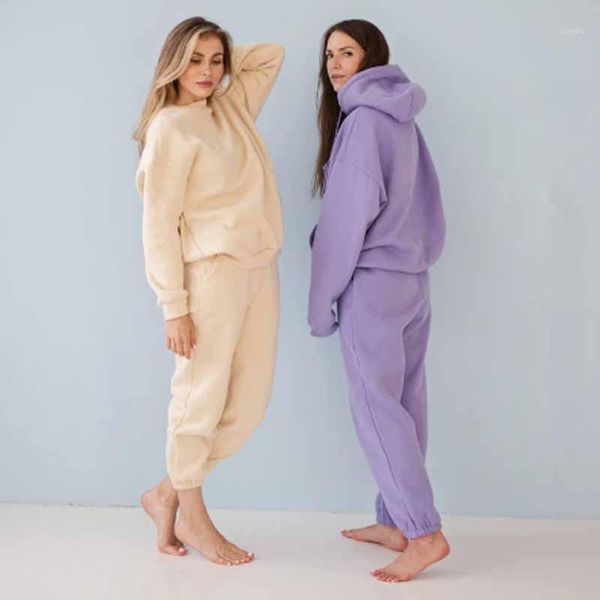 

2020 autumn winter women thick fleece cotton suit 2 pieces sets hoodies sweatshirt and pants suits simple casual wear1, Gray