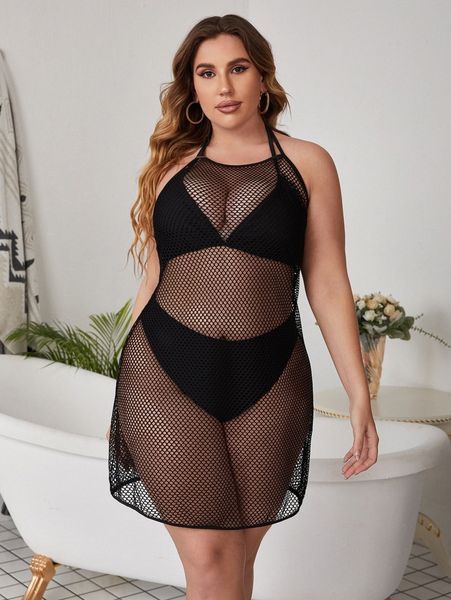 

plus fishnet sheer cover up without bikini k02h#, Black