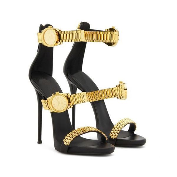 

luxury gold watch studded high heel sandals metal chain decor gladiator sandals women designer high heels party shoes woman 2020 c0129, Black