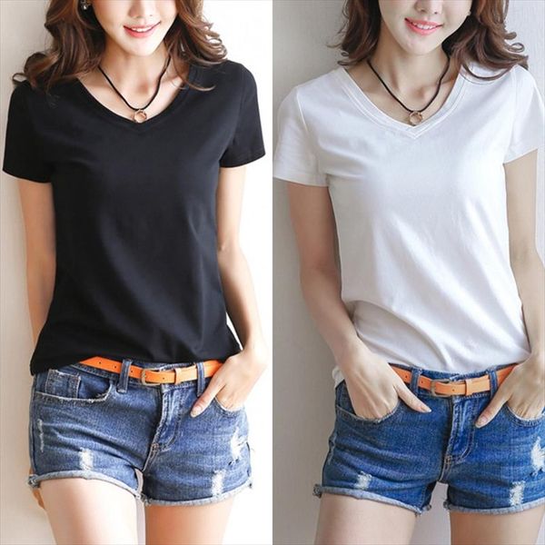 

womens black white milk fiber basic t shirt summer short sleeve v neck solid color slim casual female tshirt women clothing