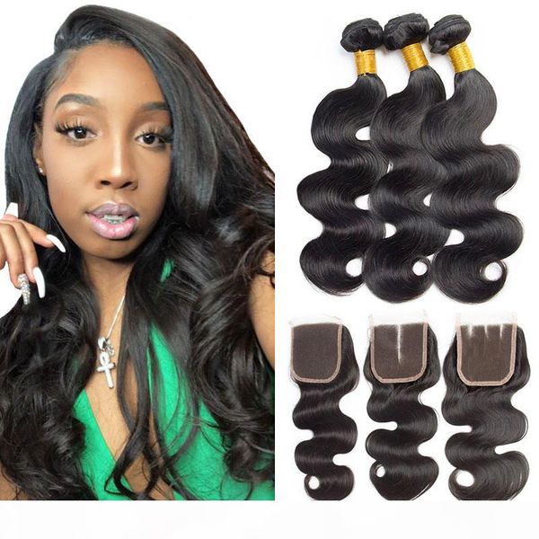 

brazilian virgin human hair bundles with lace closure body wave human hair weave bundles hai extensions natural black