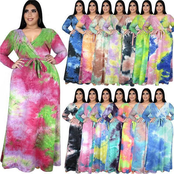 Plus Größe 3XL 4XL 5XL Sommer Frauen größere Größe Batik einteiliges Kleid Langarm Maxikleid sexy lose Batikkleider lange Röcke 4351