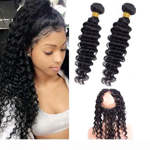 

brazilian 100% human hair extensions 8-30inch deep wave bundles with 360 lace frontal pre plucked with baby hair wefts with 360 frontal, Black;brown