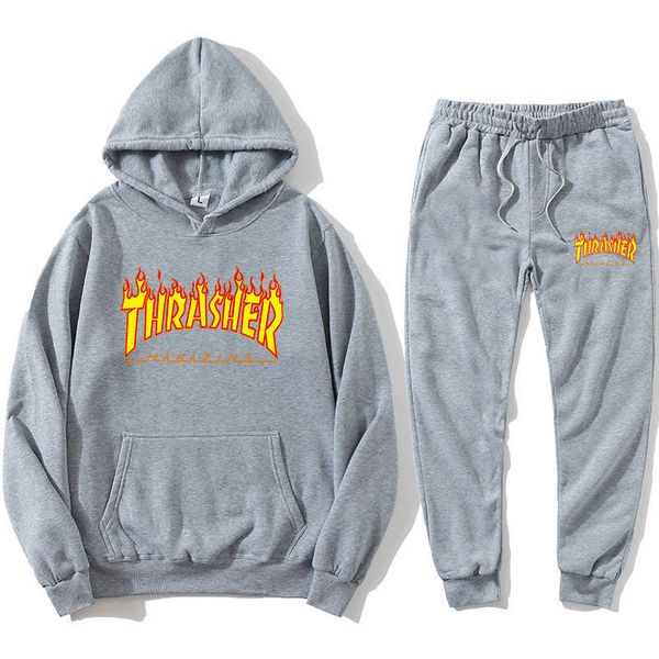 

2020 and women's flame series hoodie men's fashion trend sweater sports casual couple set, Gray