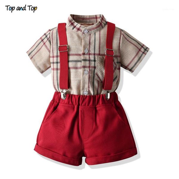 

and fashion new infant boys gentleman clothing sets casual short sleeve plaid shirt +suspender shorts outfits bebes1, White