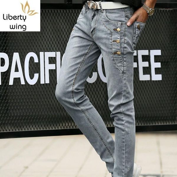 

fashion mens denim pencil buttons slim fit casual streetwear male long cowboy trousers plus size 36 jeans pants1, Blue