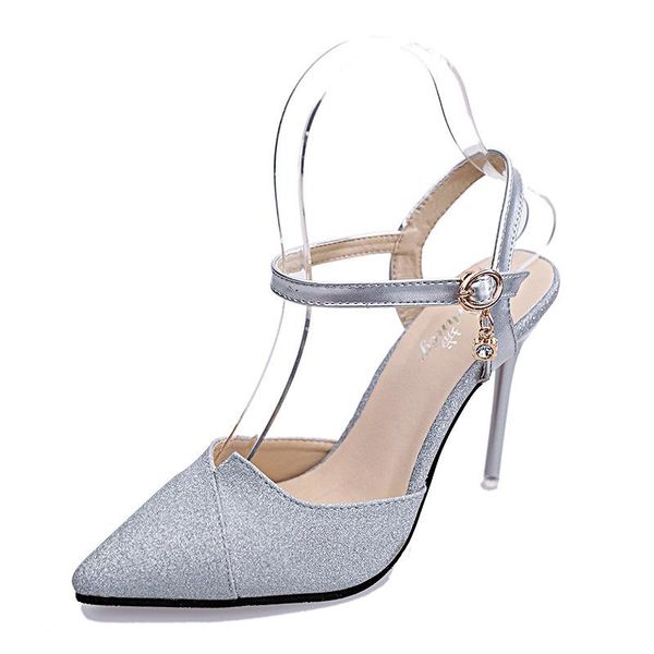 

2021 new summer sandals female shallow mouth fashion sequin female thin high heels hollow pointed buckle sandals, Black
