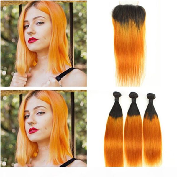 

malaysian orange ombre human hair weave bundles with closure #1b orange ombre straight human hair 3 bundles with 4x4 front lace closure, Black;brown