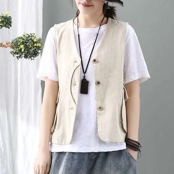 

2021 new womens jackets new style vintage v-neck single breasted female cotton linen vest coats jz91, Black;white