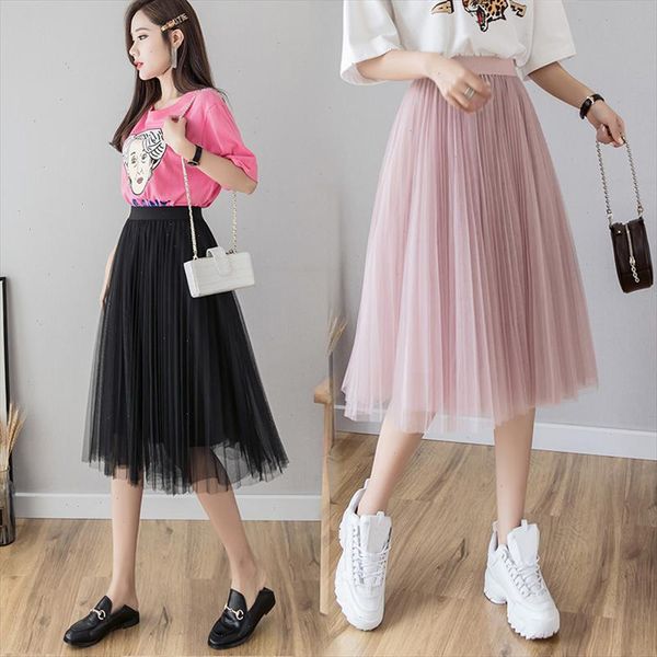

tulle skirts womens midi pleated skirt black pink tulle skirt women 2021 spring summer korean elastic high waist mesh tutu skirt