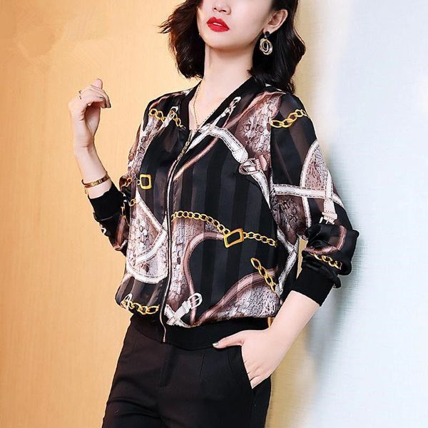 

women's blouses & shirts fashion printed long-sleeved chiffon shirt femal loose large size zipper stitching was thin sunscreen blouse w, White