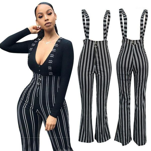 

goocheer rompers overalls women striped pants high waist zipper flare trousers black striped overall pant female bottom1, Black;white
