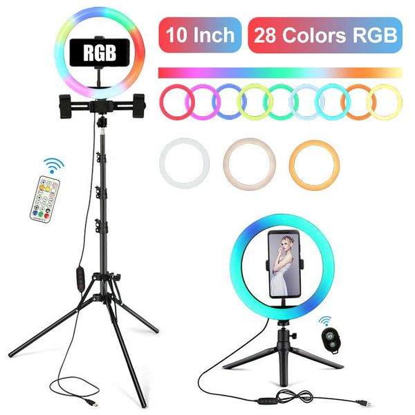 

10" rgb led selfie ring light with stand diammable flash colorful ring lamp with remote control for youtube live vlogging
