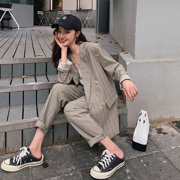 

plaid loose ladies suits stylish solid gray casual blazer dress simple bayan mont korean vintage women pant suit spring mm60ntz q1215, White;black