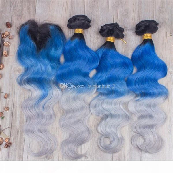 

blue ombre weave 100% human hair weaving three tone color 1b blue gery body wave brazilian virgin hair extensions with 4*4 lace closure, Black;brown