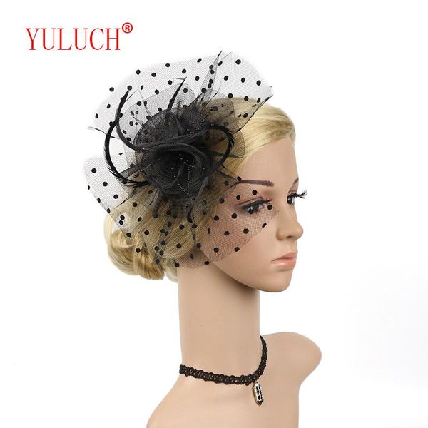 

yuluch 2020 chinese handmade bridal hair accessories bow hat hat wave veil head flower feather mesh wedding gift, Golden;silver