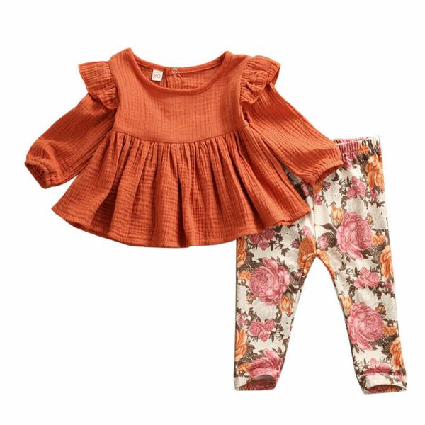 

6m-5y toddler baby kid girls flower clothing set autumn long sleeve ruffles + floral pants outfits lj200916, White
