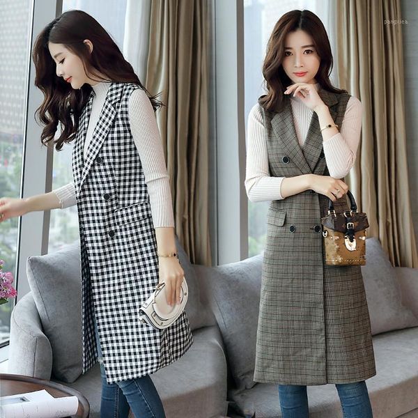 

autumn woman waistcoat casual sleeveless turn-down collar fashion elegant women trench long vest1, Black;white