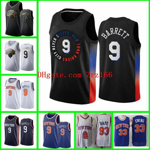 

men basketball new york knicks 9 rj barrett 33 ewing 2020-21 city jersey and shorts, Black;red