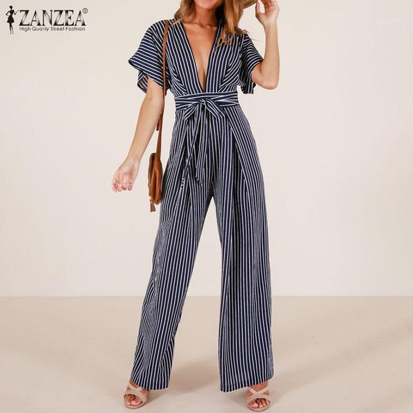 

zanzea fashion summer striped rompers women deep v neck short sleeve playsuits wide leg jumpsuits casual beach long bodysuit1, Black;white