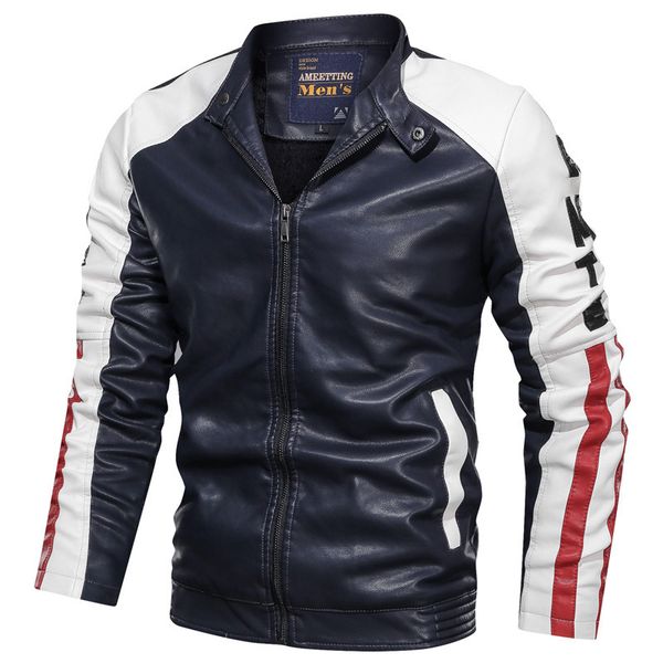 

2021 new brand clothing casual stand collar patchwork jacket winter men's warm slim motorcycle leather jackets hn9b, Black