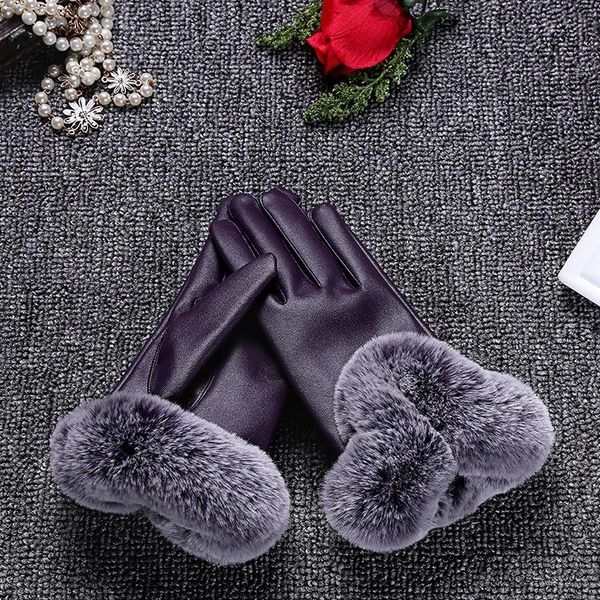 

women winter gloves ladies and women' black leather gloves r warm fur mittens ladies imitation fur riding, Blue;gray