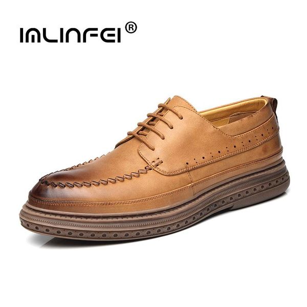 

imlinfei men's casual shoes business leather shoes handmade lace-up, Black