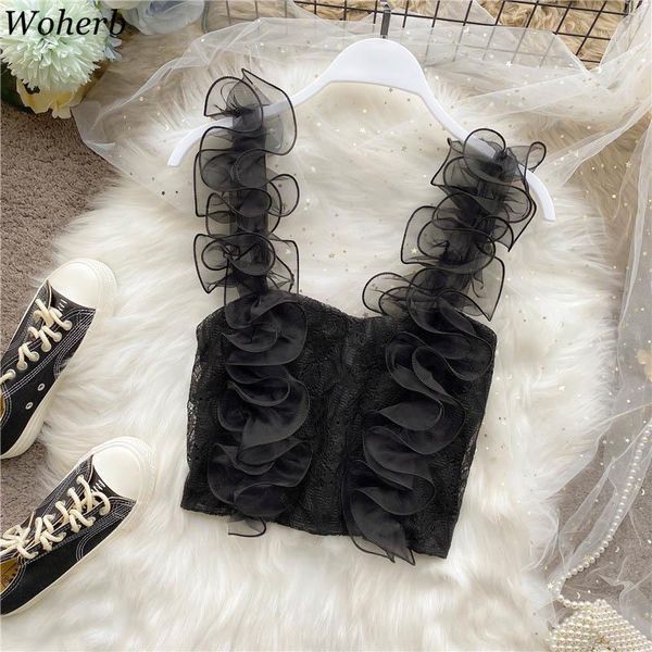 

woherb 2020 summer sleeveless blouse women elegant lace patchwork short women patchwork ruffles fashion crop blusas1, White