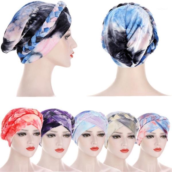 

soft women's headwear spring autumn winter baotou twist braided hats front cross gradient color printing caps casual turban hat1, Blue;gray