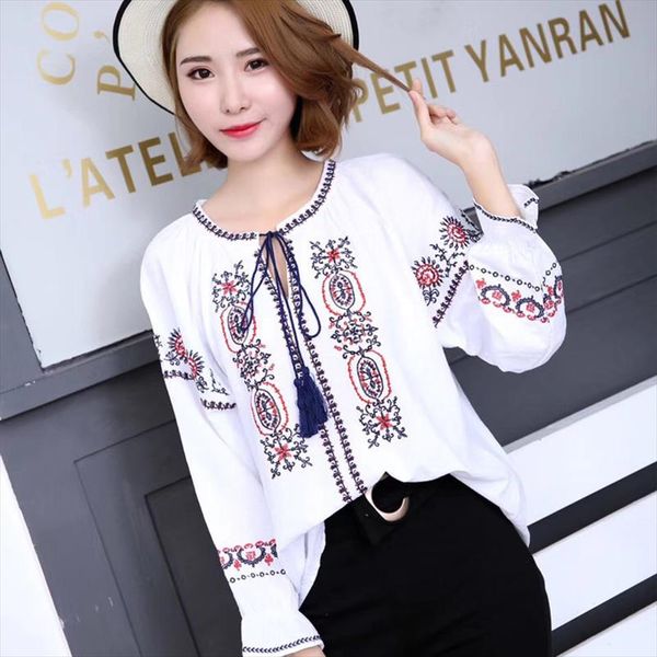 

2020 cheshanf ethnic boho embroidered blouse summer autumn women long sleeve blouse ladies girls pullover blusa, White