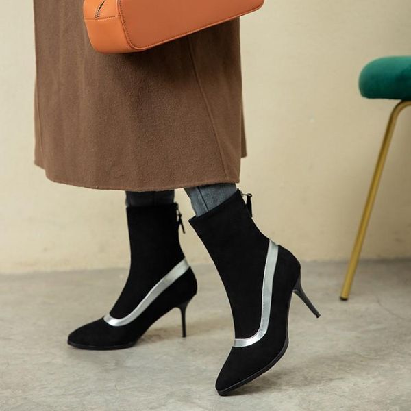 

european and american fashion fairy high heel women's boots color matching show thin suede thin high heel short boots large 44 4, Black