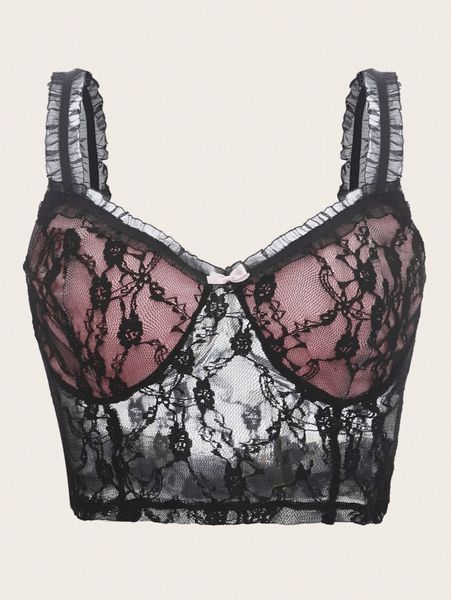 

bow front frill trim lace crop cami o4ca#, White