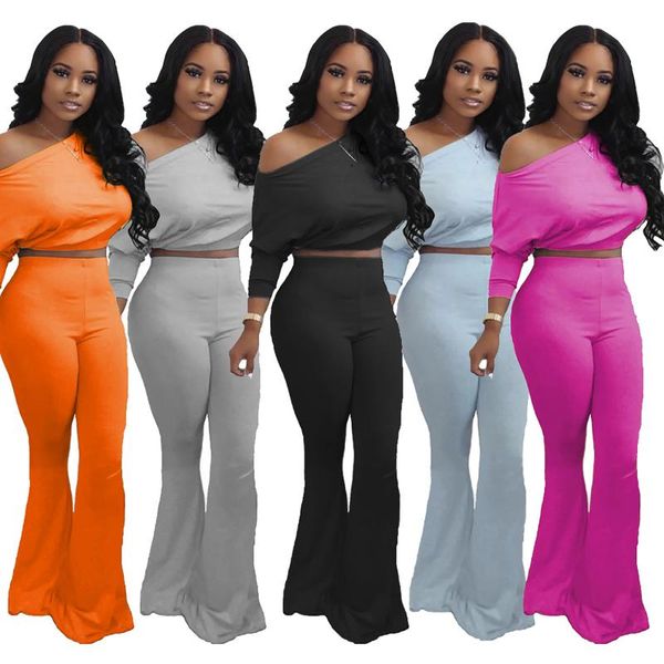 

2020 женщины autum мода v-образным вырезом сексуальные наборы двух частей длинные рукавы топ флайр брюки чистый цвет повседневный костюм, Gray