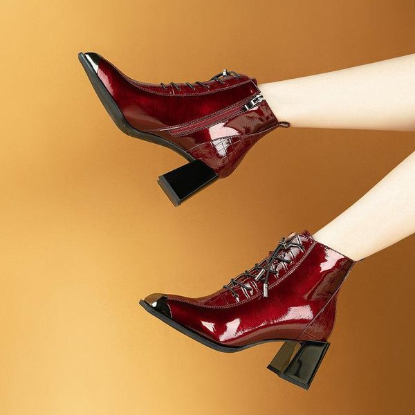 

women's winter boots genuine leather square toe thick heels pumps working night club shoes woman, Black