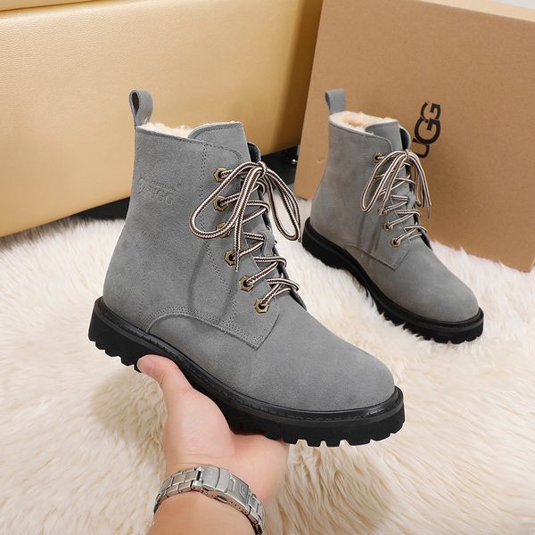 

designer womens boots luxury grey brown suede lace-up with fluff round head low heel boots with box size 35-44, Black