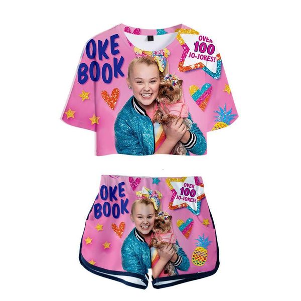 

suitable jojo siwa 3d exposed navel t-shirt+shorts women's two-piece sets new fashion summer jojo siwa 3d girls two-piece suits, Gray