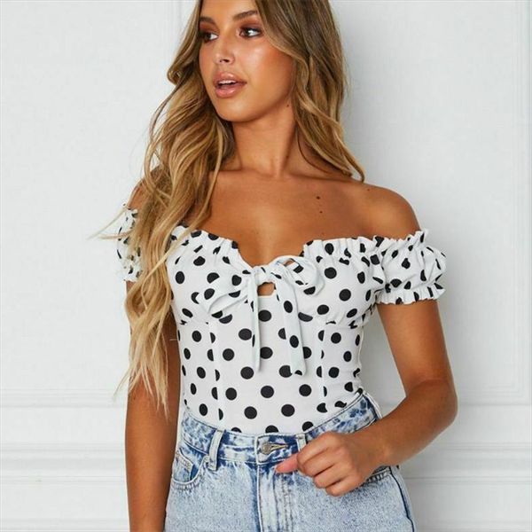 

new women polka dot summer blouse ladies fashion off shoulder short sleeve bandage boho clothes club crop blusas plus size, White