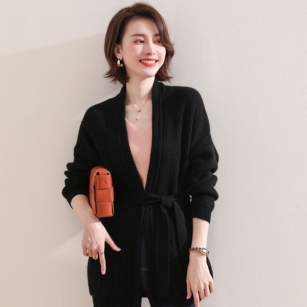 

2021 women's coats 100% pure wool knitted winter sweaters long autumn 3 thick cardigans female cargo jumpers 75x4, White;black