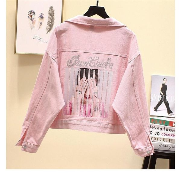 

autumn women pink denim jacket spring batwing sleeved cartoon print diamonds short jeans jackets ladies bf outerwear coat1, Black;brown